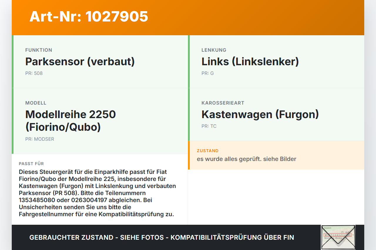 Fiat Qubo Fiorino 225 08-16 Steuergerät ECU Modul Einparkhilfe PDC SG Fiat Qubo Fiorino 225 08-16 03.08.2011... Vorschau 3