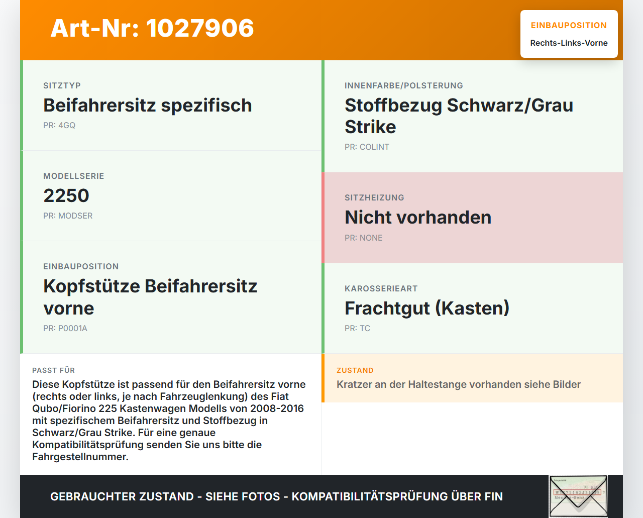 Fiat Qubo Fiorino 225 08-16 Kasten Kopfstütze für Beifahrer Sitz Rechts oder Links Vorne Fiat Qubo Fiorino 225... Vorschau 3