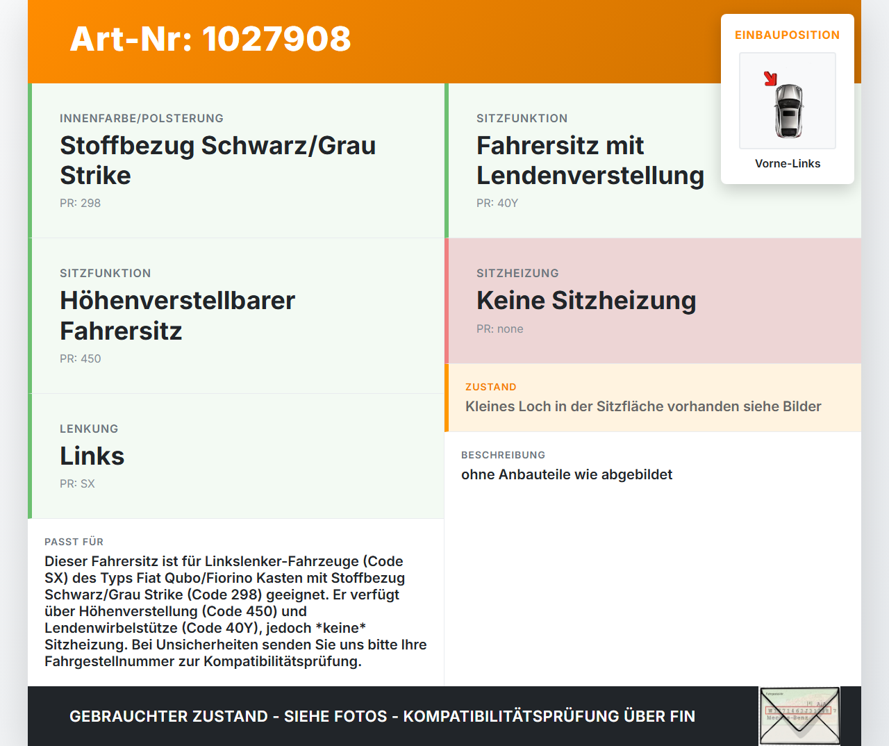 Fiat Qubo Fiorino 225 08-16 Kasten Sitz Fahrersitz Vorne Links Fiat Qubo Fiorino 225 08-16 03.08.2011 98846383 gebraucht Vorschau 3