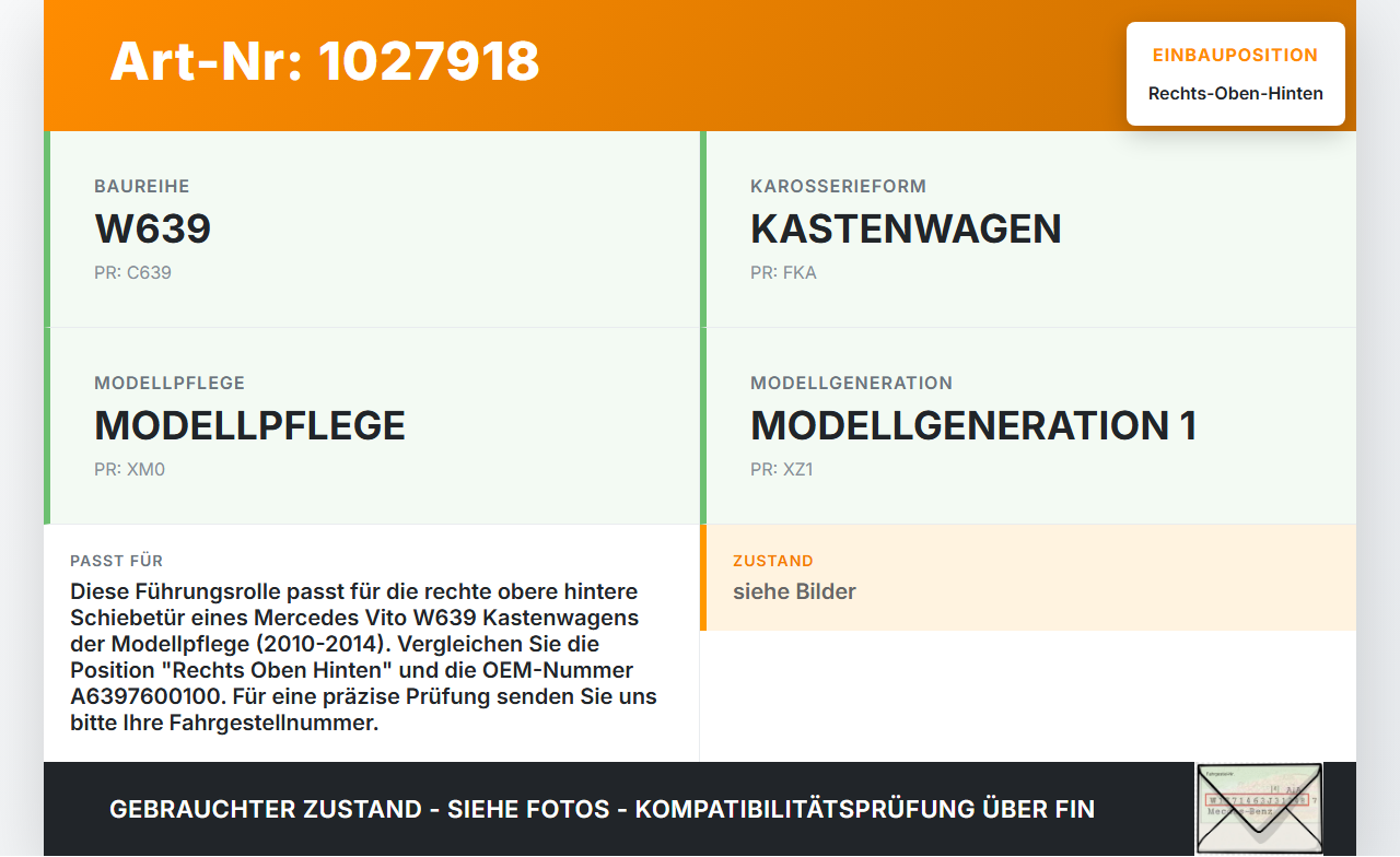 Mercedes Vito W639 10-14 Kasten Führungsrolle für Schiebetür Rechts Oben Hinten Mercedes Vito W639 10-14 26.06.2013... Vorschau 3