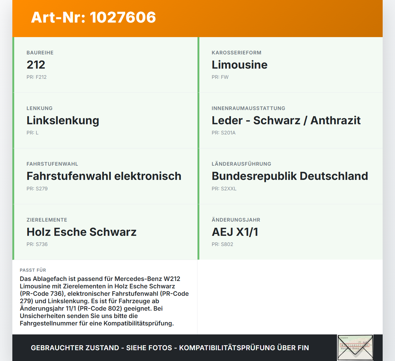 Mercedes E500 W212 09-13 Lim Ablagefach Staufach Fach Esche Holzdekor Mercedes E500 W212 09-13 06.12.2011... Vorschau 3