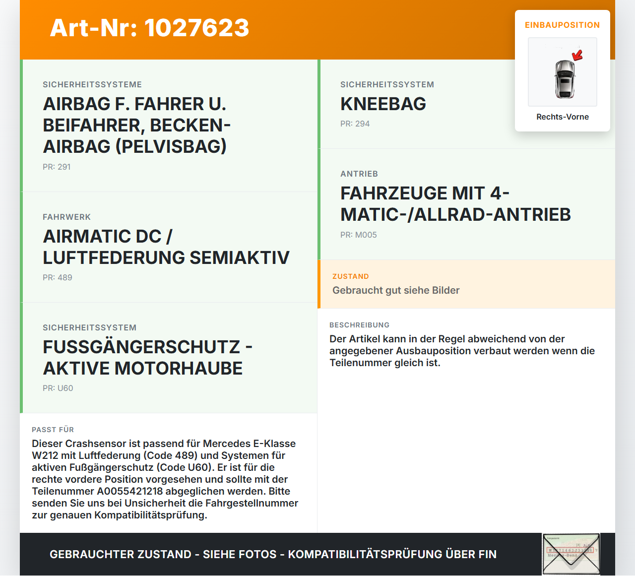 Mercedes E500 W212 09-13 Sensor für Airbag Crashsensor Airbagsensor Rechts Vorne Mercedes E500 W212 09-13... Vorschau 3