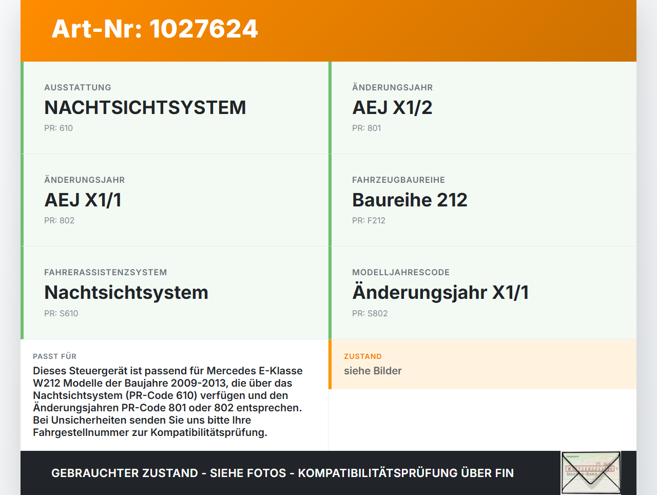 Mercedes E500 W212 09-13 Steuergerät ECU Modul Nightvision Nachtkamera SG Mercedes E500 W212 09-13 06.12.2011... Vorschau 3