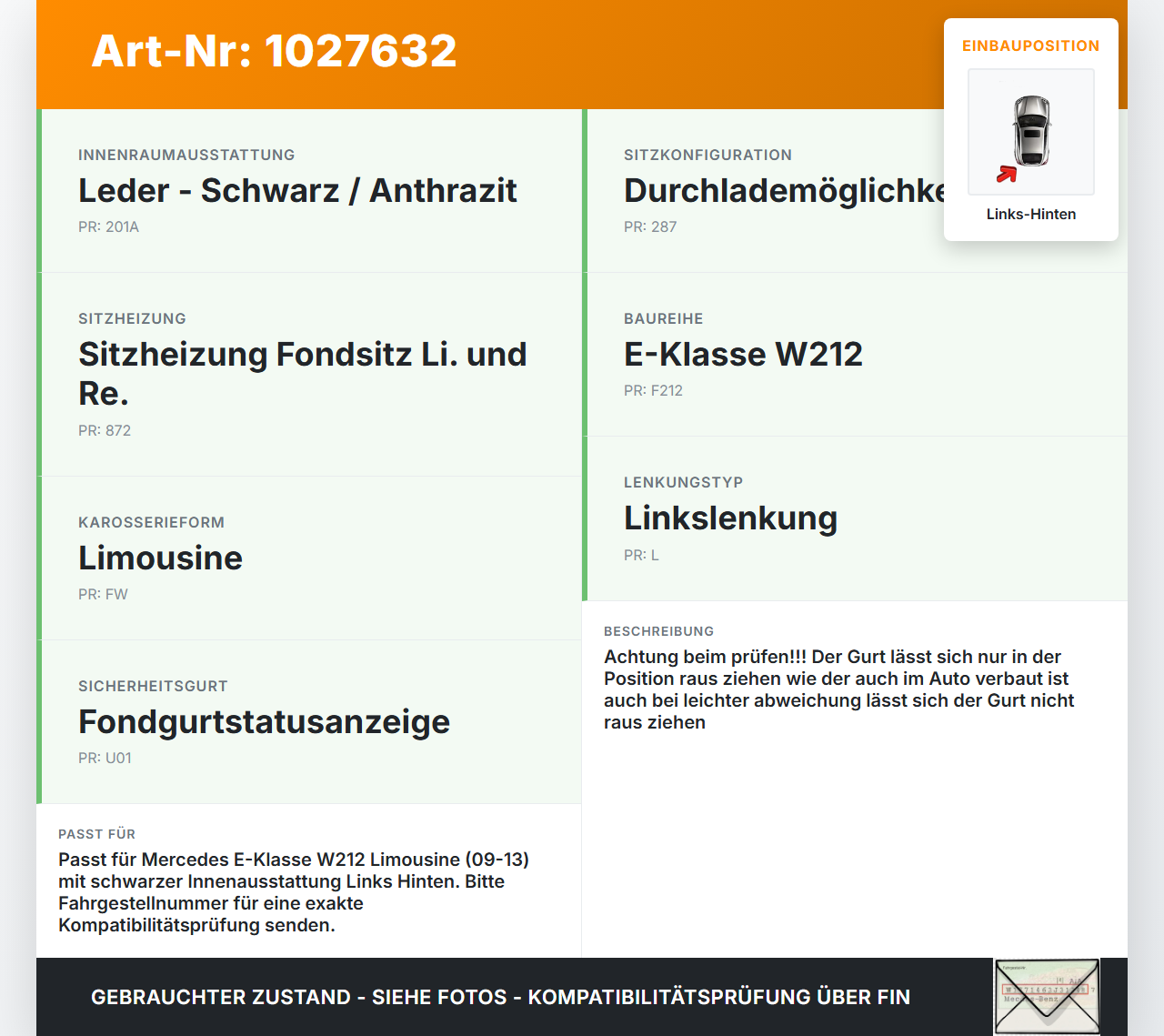 Mercedes E500 W212 09-13 Lim Gurt Sicherheitsgurt Gurtstraffer Links Hinten Mercedes E500 W212 09-13 06.12.2011... Vorschau 3
