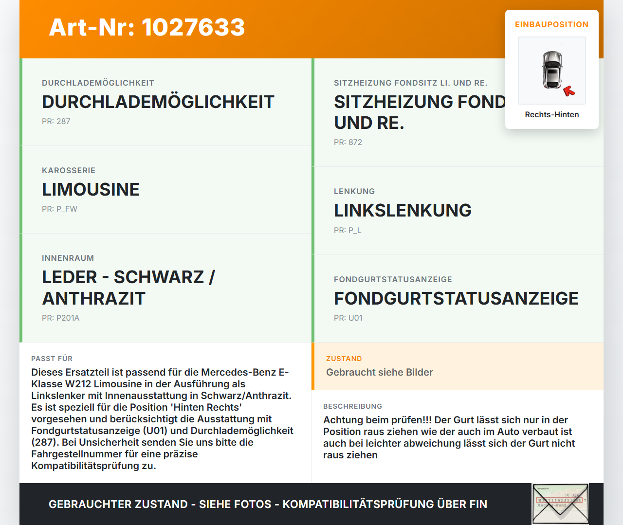 Mercedes E500 W212 09-13 Lim Gurt Sicherheitsgurt Gurtstraffer Rechts Hinten Mercedes E500 W212 09-13 06.12.2011... Vorschau 3