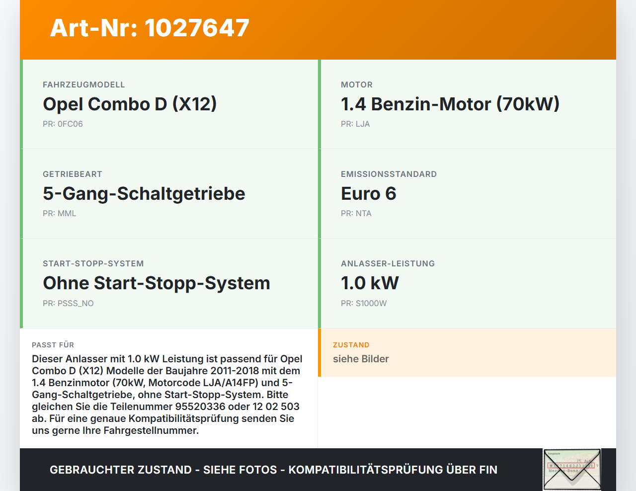 Opel Combo D X12 11-18 1,4 70KW Anlasser Starter 1.0kW Opel Combo D X12 11-18 09.04.2018 51890631 S114-943A gebraucht Vorschau 3