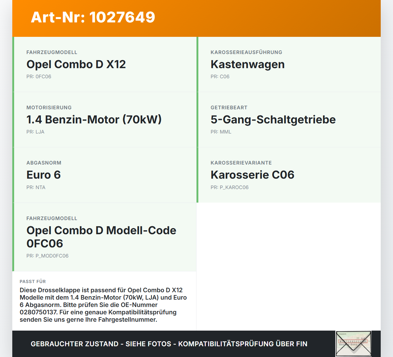Opel Combo D X12 11-18 1,4 70KW LJA Drosselklappe Opel Combo D X12 11-18 09.04.2018 0280750137 gebraucht Vorschau 3
