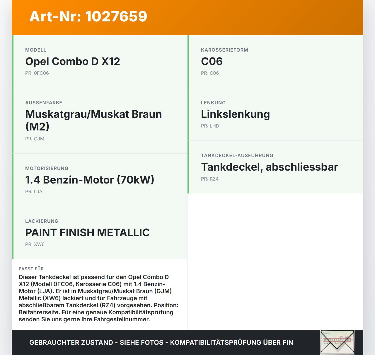 Opel Combo D X12 11-18 Tankdeckel Tankklappe GJM Opel Combo D X12 11-18 09.04.2018 0519211540E gebraucht Vorschau 3