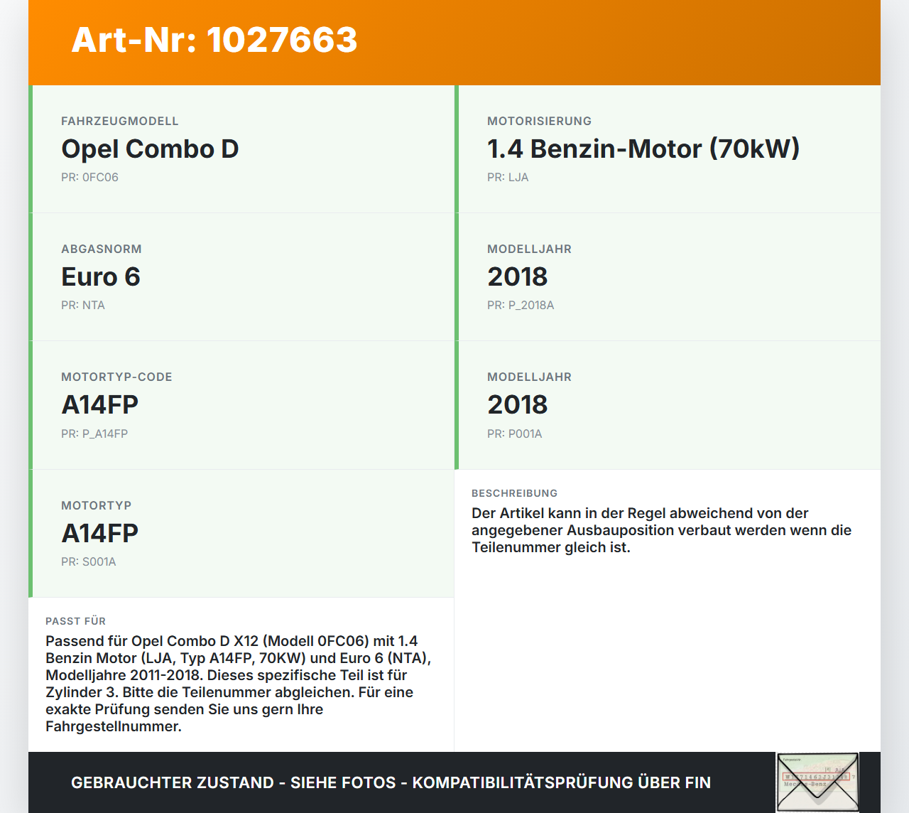 Opel Combo D X12 11-18 1,4 70KW Zündspule Zyl.3 Opel Combo D X12 11-18 09.04.2018 BAE403C gebraucht Vorschau 3