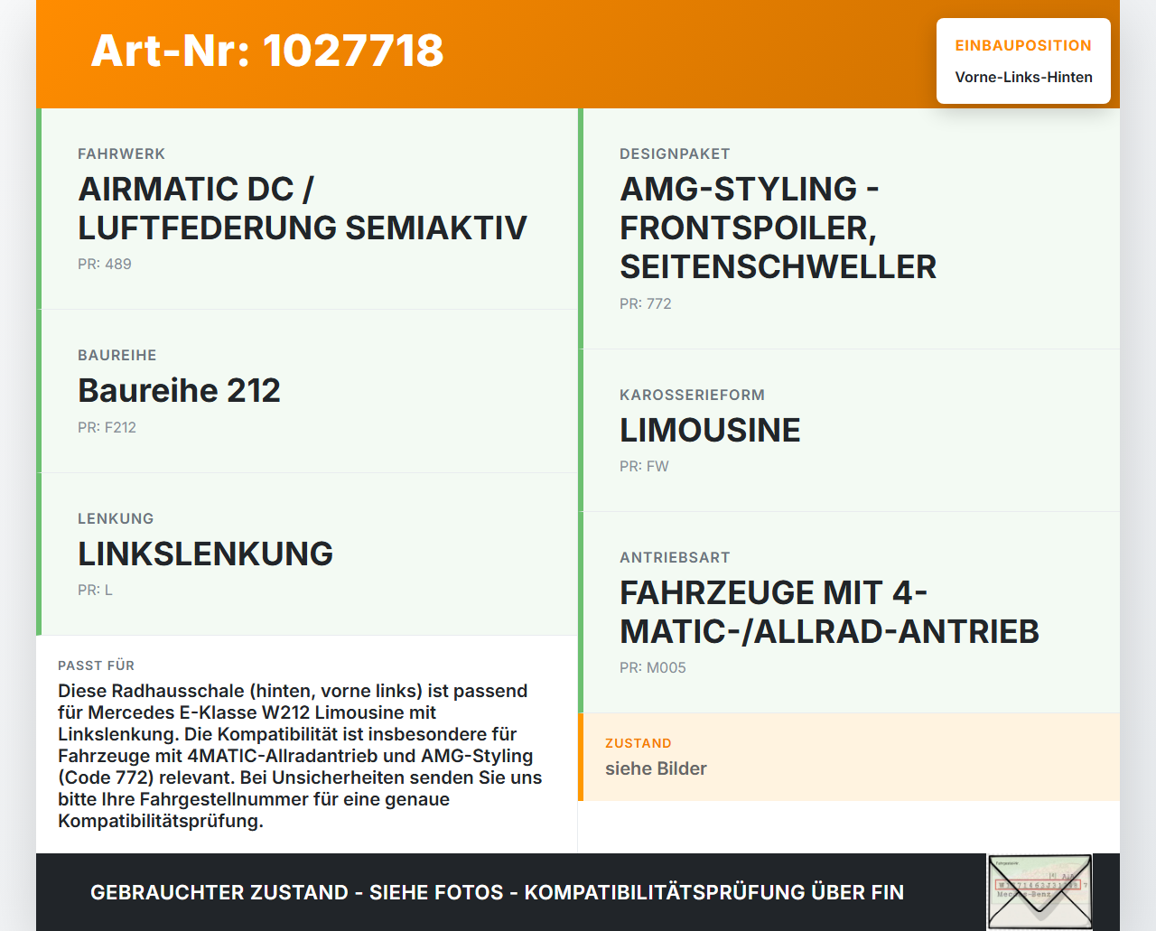 Mercedes E500 W212 09-13 Radhausschale Vorne Links Hinten Innenkotflügel Mercedes E500 W212 09-13 06.12.2011... Vorschau 3