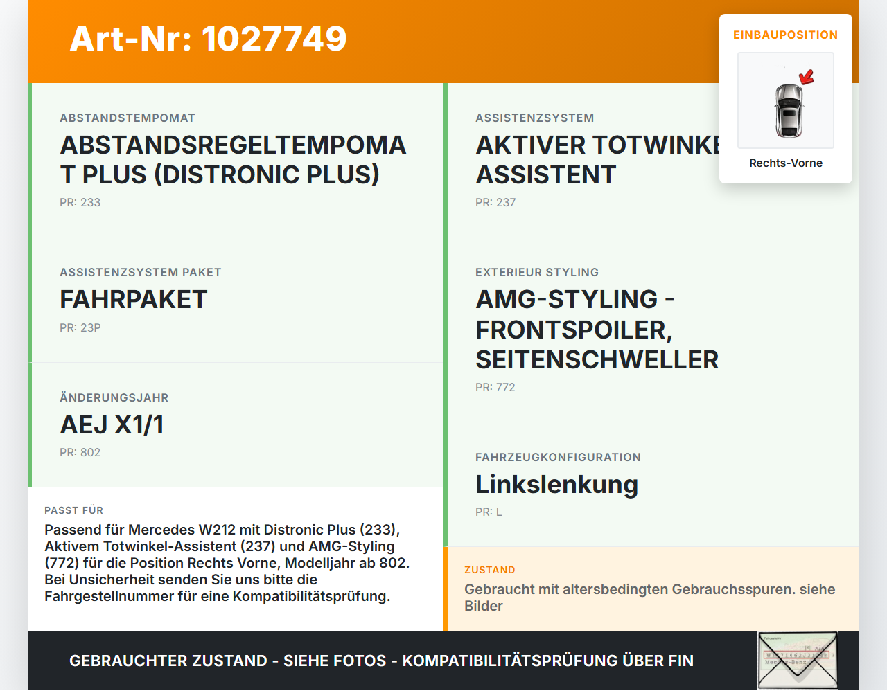 Mercedes E500 W212 09-13 Steuergerät Radar Sensor für Totwinkelassistent Rechts Vorne Mercedes E500 W212 09-13... Vorschau 3
