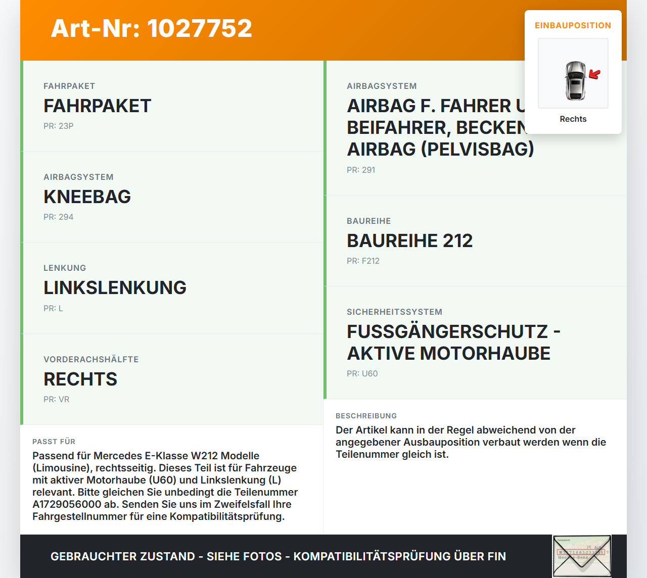Mercedes E500 W212 09-13 Airbagsensor Crashsensor Aufprallsensor Rechts Mercedes E500 W212 09-13 06.12.2011... Vorschau 3