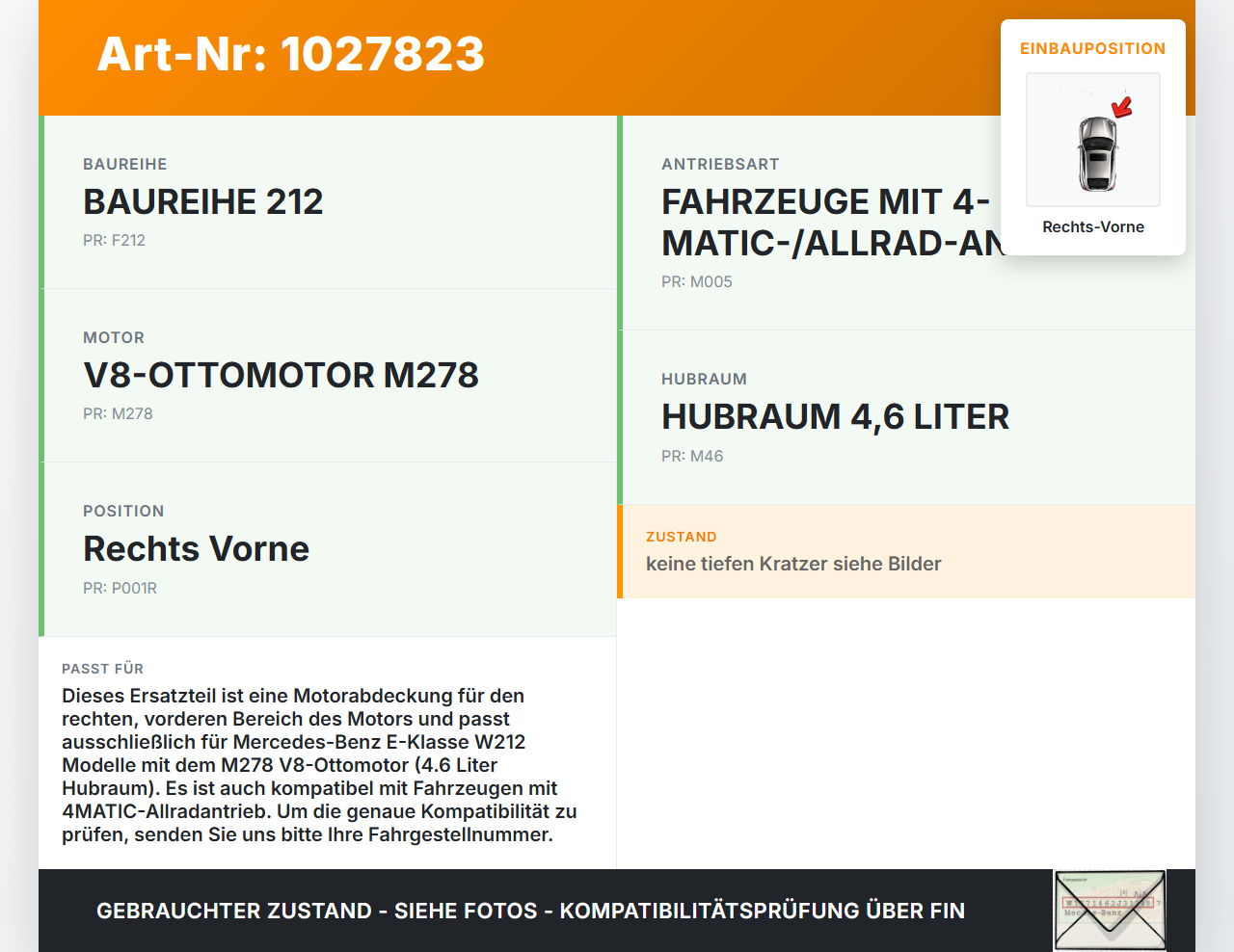 Mercedes E500 W212 09-13 4,7  278922 Abdeckung für Motor Deckel Motorabdeckung Rechts Vorne Mercedes E500 W212... Vorschau 3