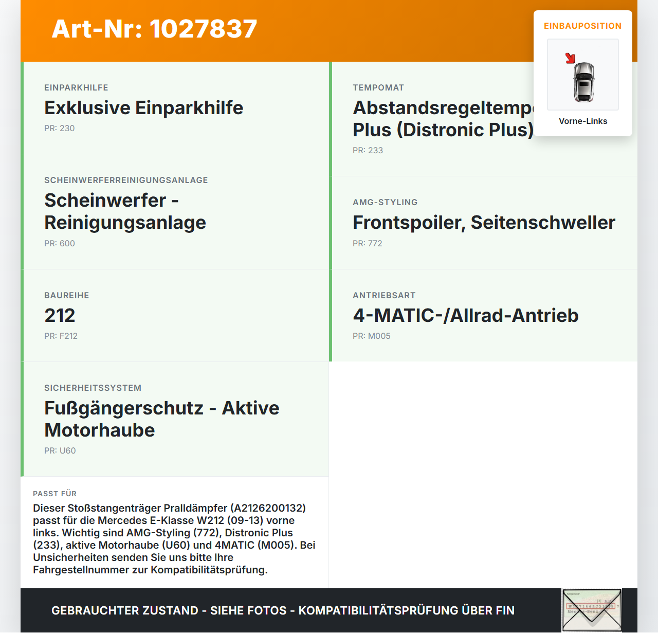 Mercedes E500 W212 09-13 Stoßstange Träger Pralldämpfer Vorne Links Mercedes E500 W212 09-13 06.12.2011 A2126200132... Vorschau 3