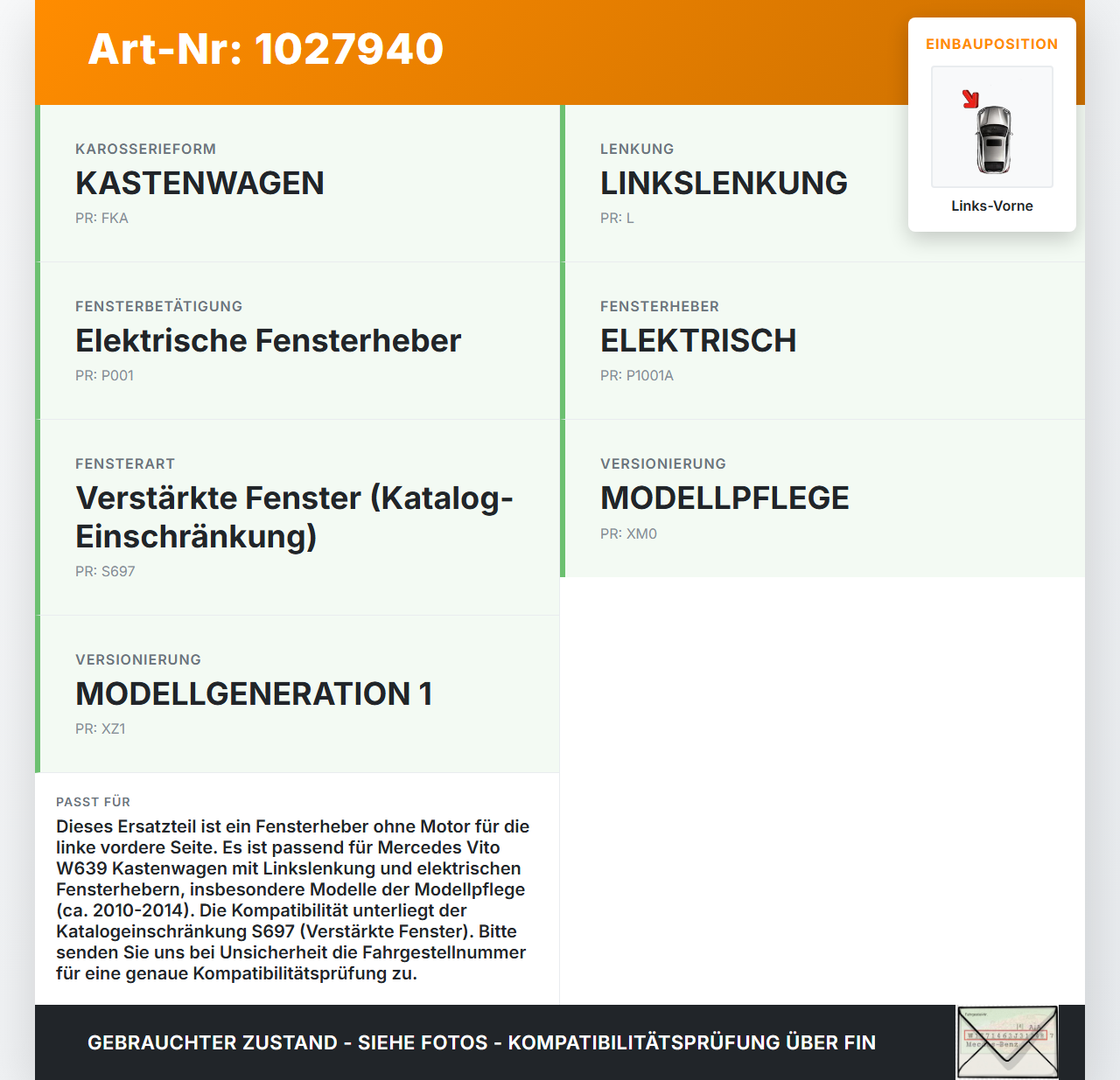 Mercedes Vito W639 10-14 Kasten Fensterheber o. FH-Motor Links Vorne Mercedes Vito W639 10-14 26.06.2013... Vorschau 3