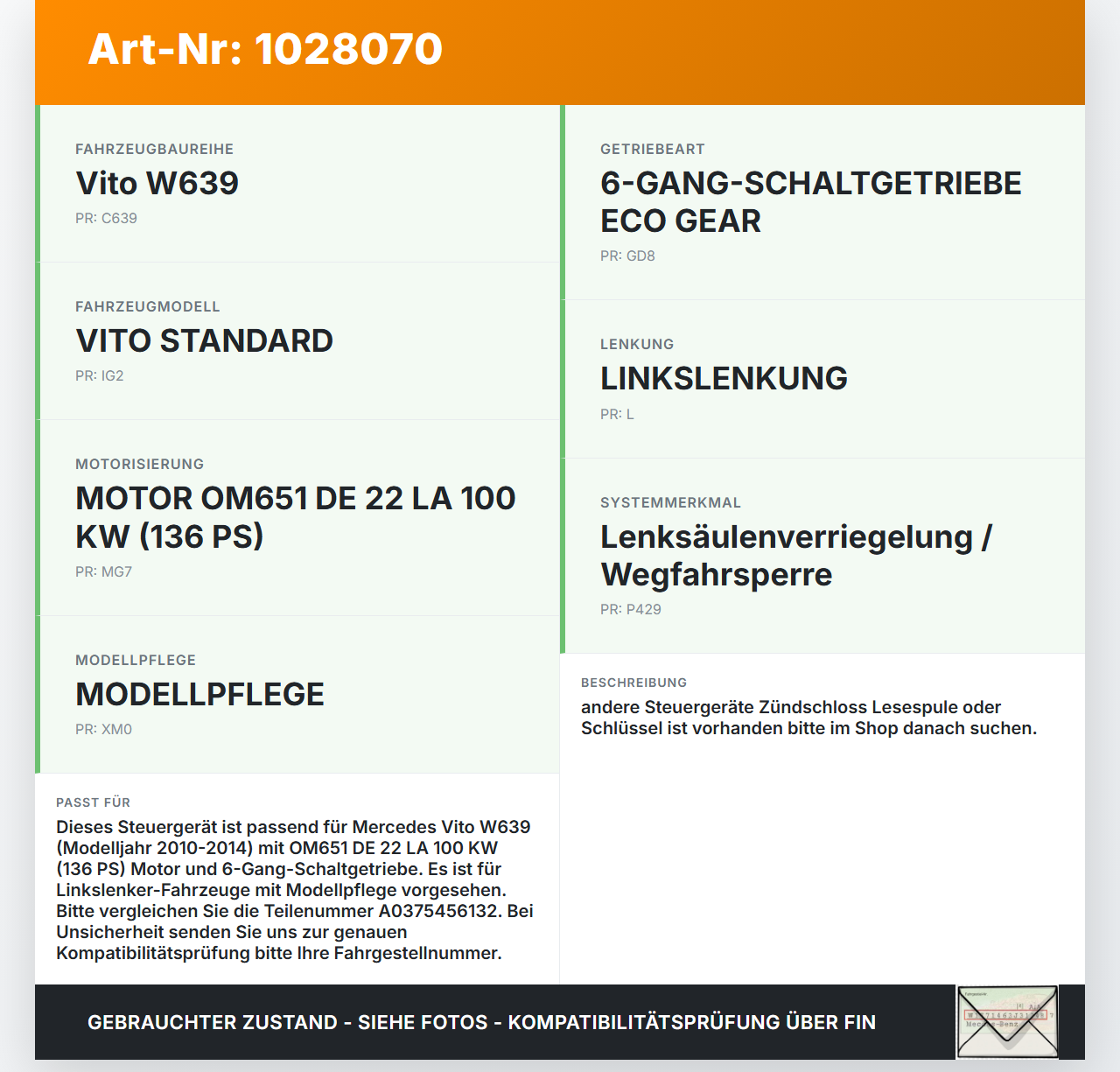 Mercedes Vito W639 10-14 CDI 2,2 100KW Wegfahrsperre Lenksäulenverriegelung ECU Steuergerät Mercedes Vito W639... Vorschau 3