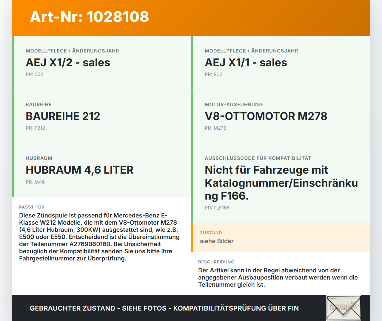Mercedes E500 W212 09-13 4,7 300KW Zündspule H Mercedes E500 W212 09-13 06.12.2011 A2769060160 gebraucht Vorschau 3