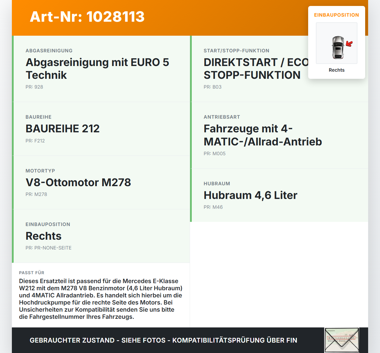 Mercedes E500 W212 09-13 4,7 300KW Hochdruckpumpe Kraftstoffpumpe Rechts Mercedes E500 W212 09-13 06.12.2011... Vorschau 3