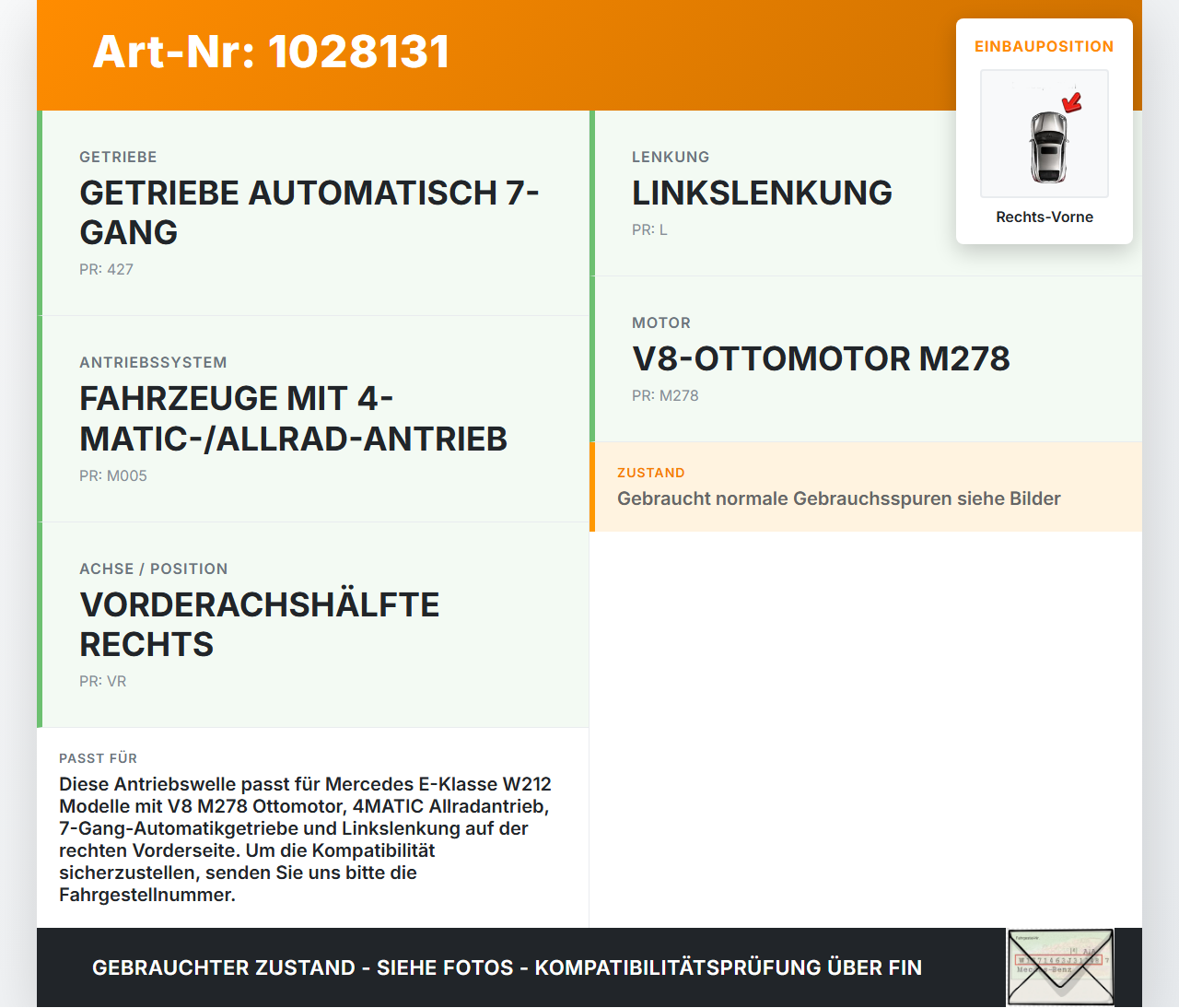 Mercedes E500 W212 09-13 4,7 300KW Autom 4WD Antriebswelle Gelenkwelle Rechts Vorne Mercedes E500 W212 09-13... Vorschau 3