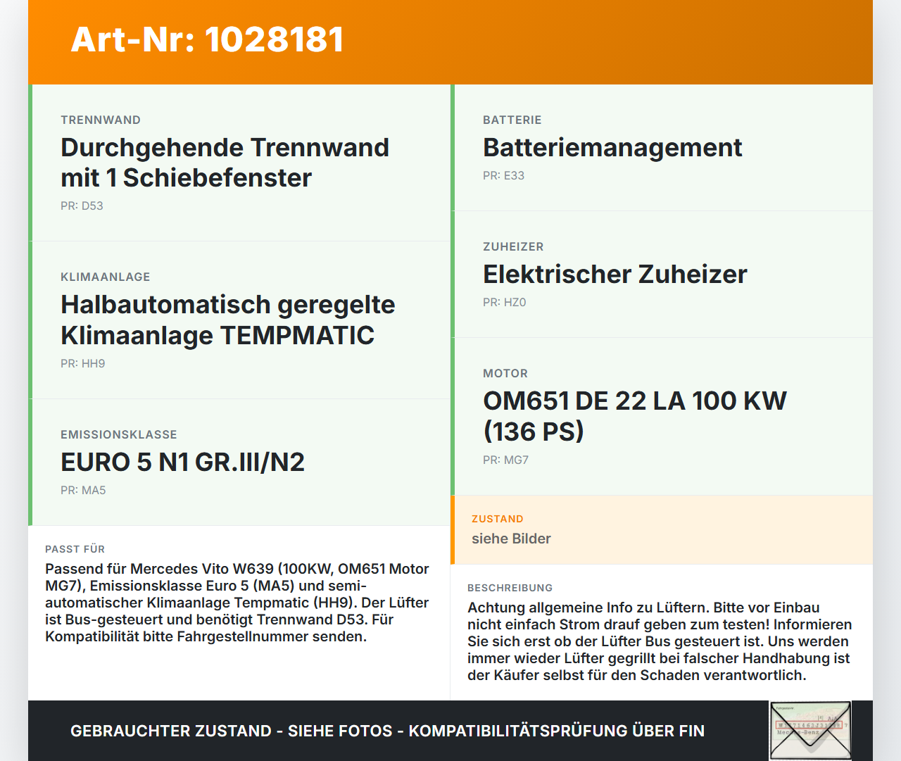 Mercedes Vito W639 10-14 CDI 2,2 100KW Lüfter Ventilator f. Kühler Mercedes Vito W639 10-14 26.06.2013 A6395001093... Vorschau 3