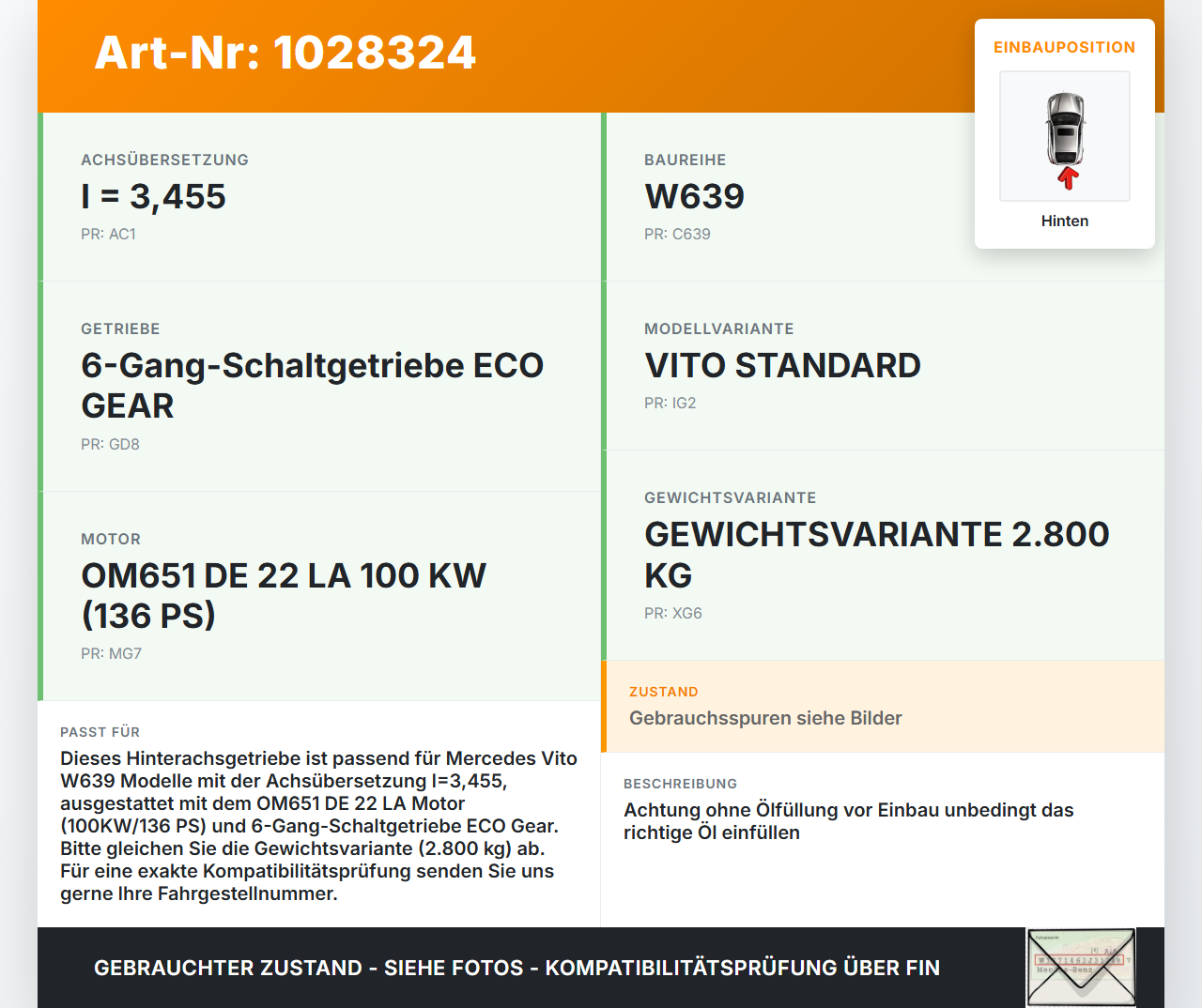 Mercedes Vito W639 10-14 CDI 2,2 100KW Differential Hinterachsgetriebe 3,455 Hinten Mercedes Vito W639 10-14... Vorschau 3
