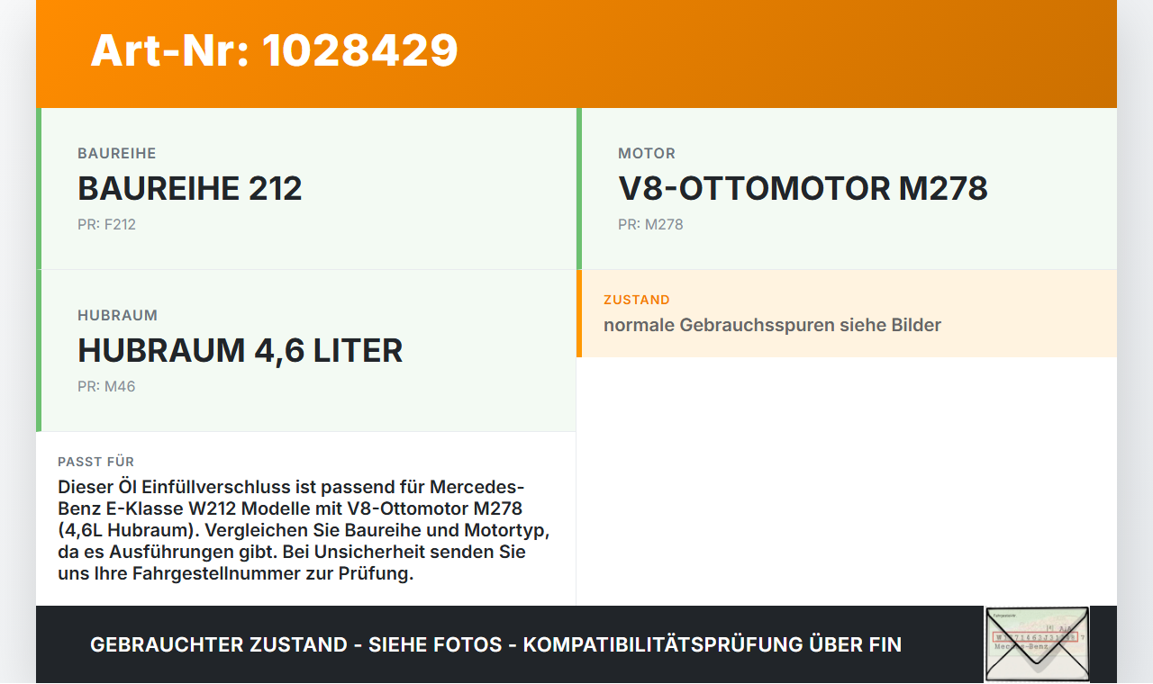 Mercedes E500 W212 09-13 4,7 300KW Drehverschluss für Motoröl Einfüllstutzen Mercedes E500 W212 09-13 06.12.2011... Vorschau 3