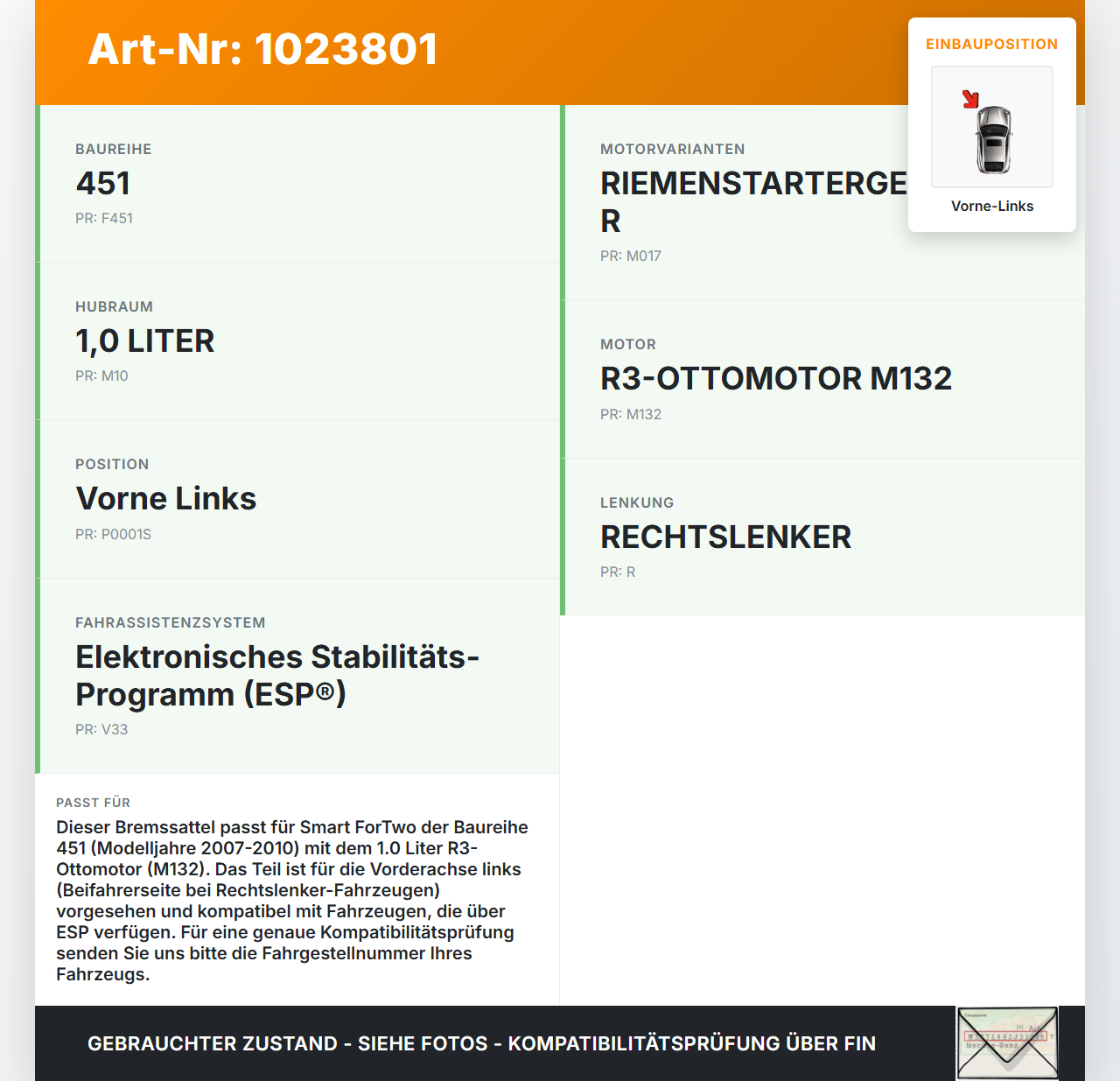 Smart ForTwo 451 07-10 1,0 52KW Bremssattel Bremszange Vorne Links Smart ForTwo 451 07-10 01.12.2009 A4514210198... Vorschau 3