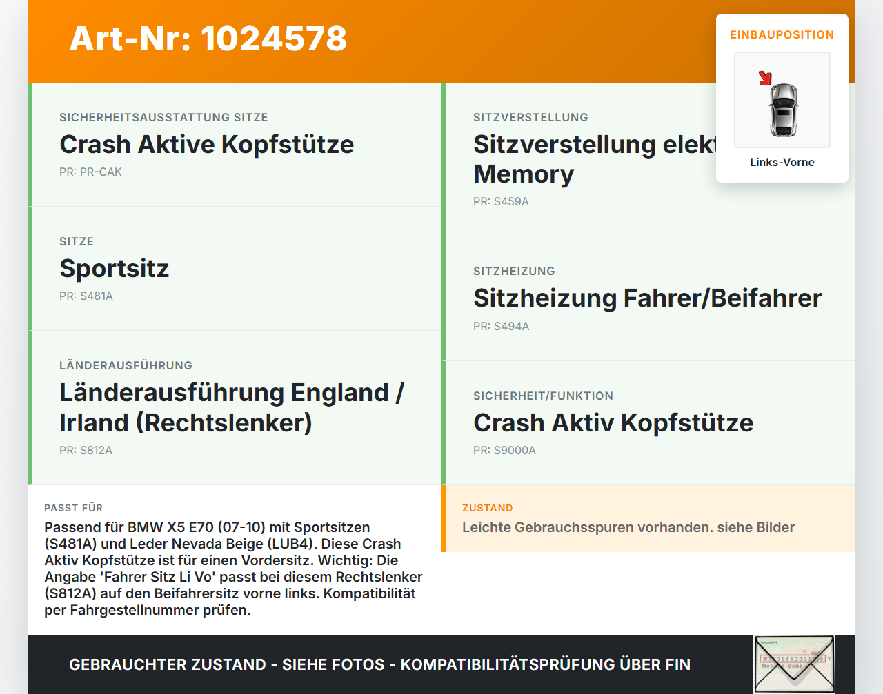 BMW X5 E70 07-10 Kopfstütze für Fahrer Sitz Links Vorne Crash Aktiv Leder Nevada Beige BMW X5 E70 07-10 07.10.2008... Vorschau 3