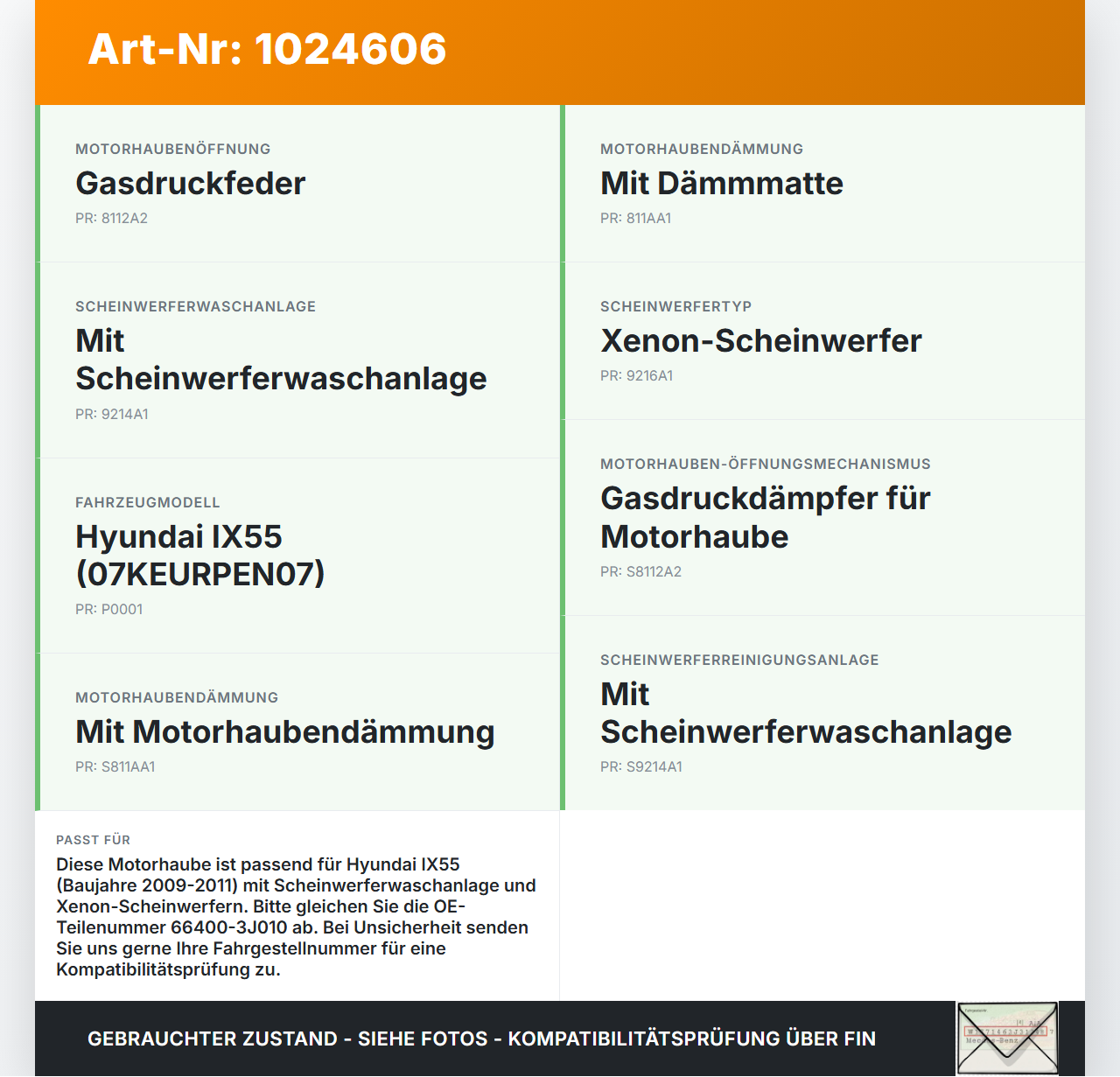 Hyundai IX55 09-11 Motorhaube Frontklappe Haube Hyundai IX55 09-11 09.02.2012 66400-3J010 gebraucht Vorschau 3