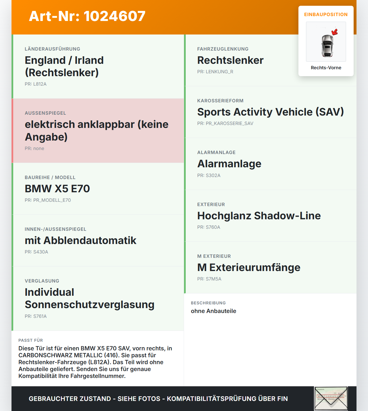 BMW X5 E70 07-10 Tür Beifahrertür Rechts Vorne 416 BMW X5 E70 07-10 07.10.2008 4151-7211424 7211424 gebraucht Vorschau 3