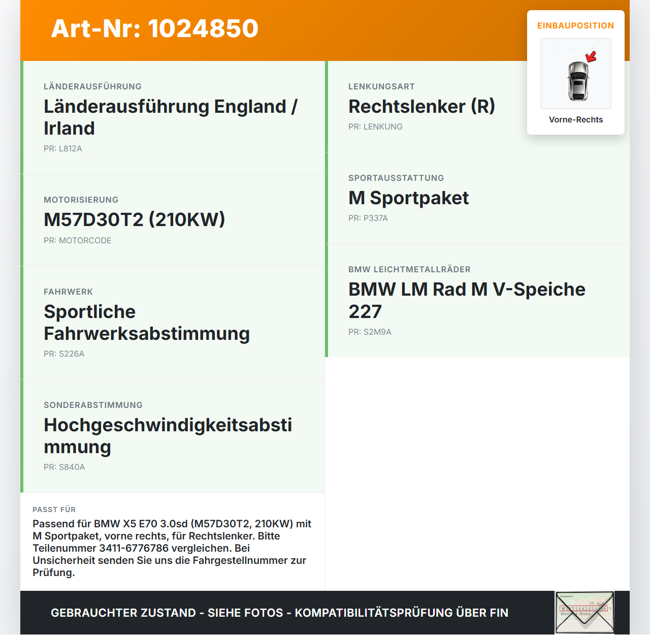 BMW X5 E70 07-10 3,0d 210KW Bremssattel Bremszange Vorne Rechts BMW X5 E70 07-10 07.10.2008 3411-6776786 6776786... Vorschau 3