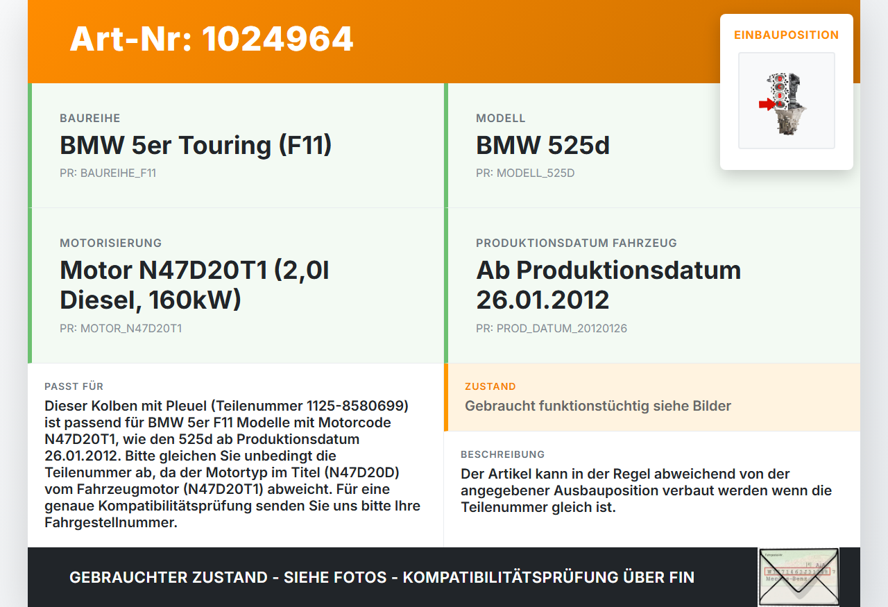 BMW F11 525d 10-14 2,0d 142KW N47D20D Kolben mit Pleuel Pos A BMW F11 525d 10-14 04.04.2013 1125-8580699 8580699... Vorschau 3