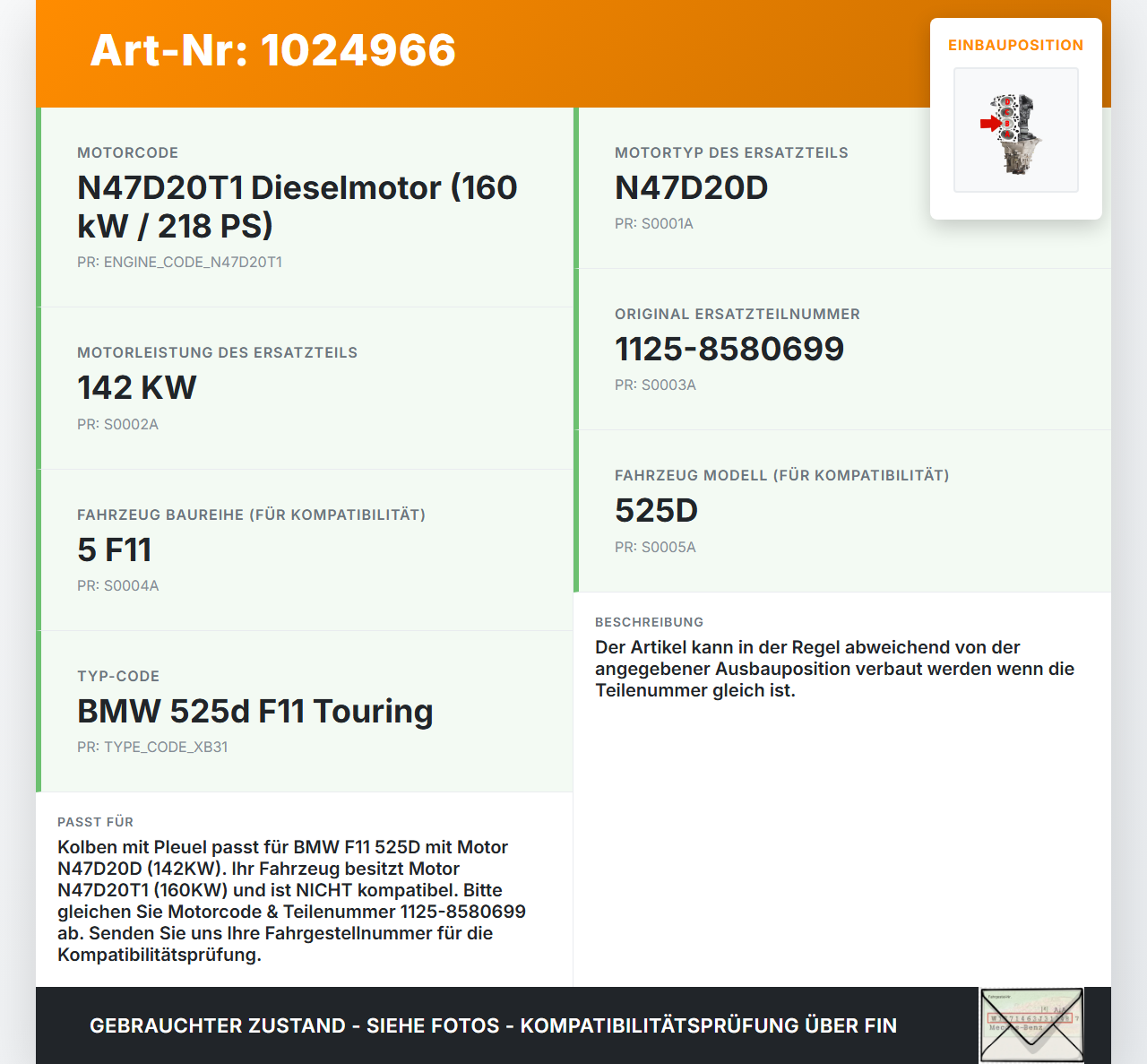 BMW F11 525d 10-14 2,0d 142KW N47D20D Kolben mit Pleuel Pos B BMW F11 525d 10-14 04.04.2013 1125-8580699 8580699... Vorschau 3