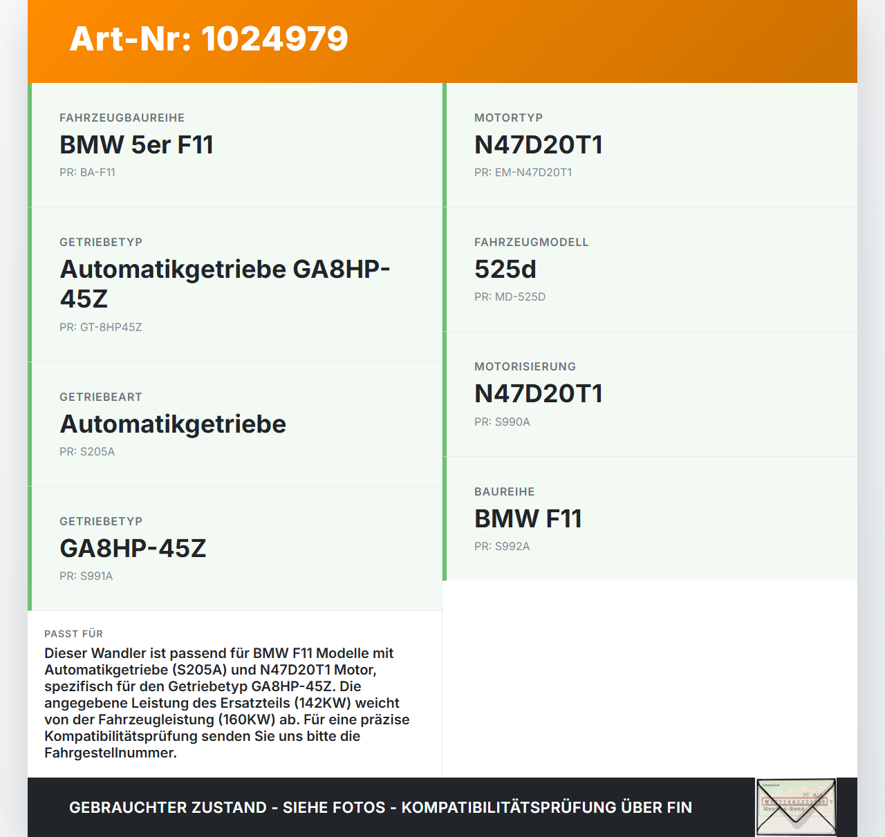 BMW F11 525d 10-14 2,0d 142KW Autom Wandler Drehmomentwandler für Getriebe BMW F11 525d 10-14 04.04.2013... Vorschau 3