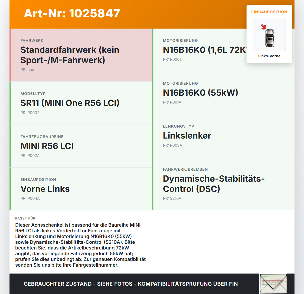 Mini One R56 LCI 13-16 1,6 72KW Achsschenkel Radnabe Links Vorne Mini One R56 LCI 13-16 24.09.2012 3121-6779795... Vorschau 3