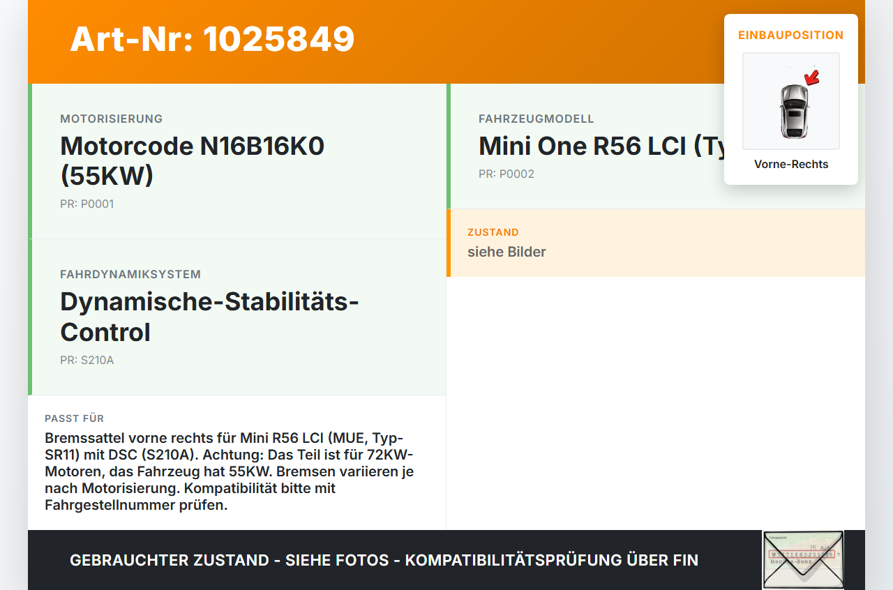 Mini One R56 LCI 13-16 1,6 72KW Bremssattel Bremszange Vorne Rechts Mini One R56 LCI 13-16 24.09.2012 3411-6778336... Vorschau 3