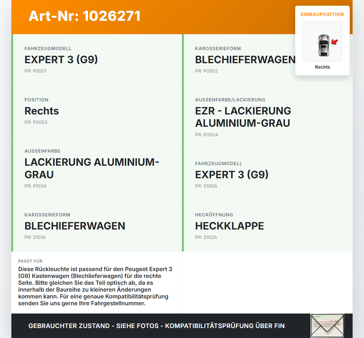 Peugeot Expert II 2 Kasten Rückleuchte Rücklicht Heckleuchte Rechts orig Peugeot Expert II 2 01.01.2013 6351AH gebraucht Vorschau 3