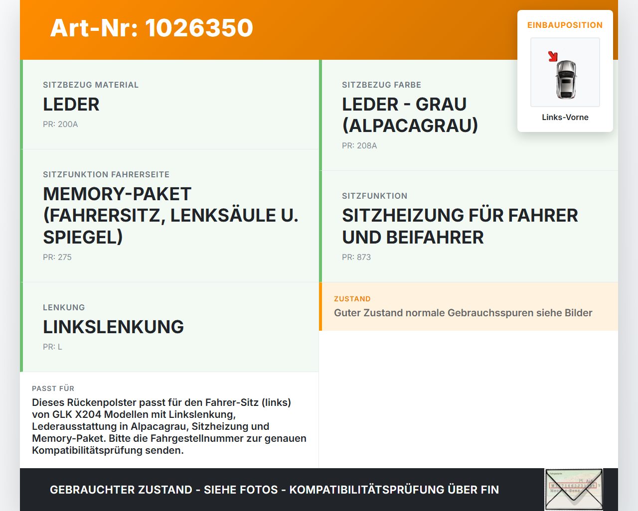 Mercedes GLK 300 X204 08-12 Sitzbezug Rückenpolster Links Vorne für Fahrer Sitz beheizt Leder Alpacagrau Mercedes... Vorschau 3