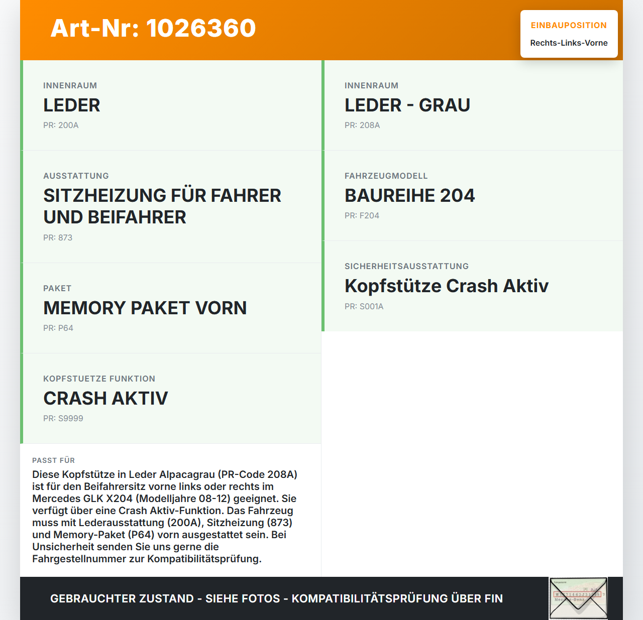 Mercedes GLK 300 X204 08-12 Kopfstütze für Beifahrer Sitz Rechts oder Links Vorne Crash Aktiv Alpacagrau Leder... Vorschau 3