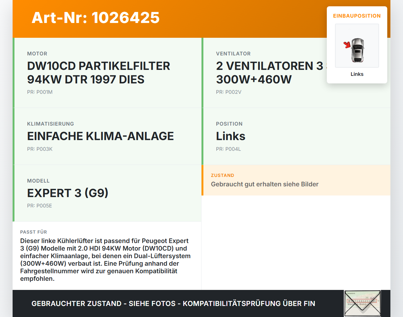 Peugeot Expert II 2 HDI 2,0 94KW Lüfter Ventilator f. Kühler Links Peugeot Expert II 2 01.01.2013 1253Q7 gebraucht Vorschau 3