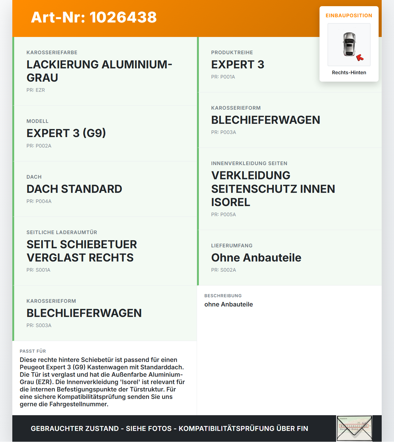 Peugeot Expert II 2 Kasten Tür Schiebetür Rechts Hinten EZR Peugeot Expert II 2 01.01.2013 9008Q4 gebraucht Vorschau 3