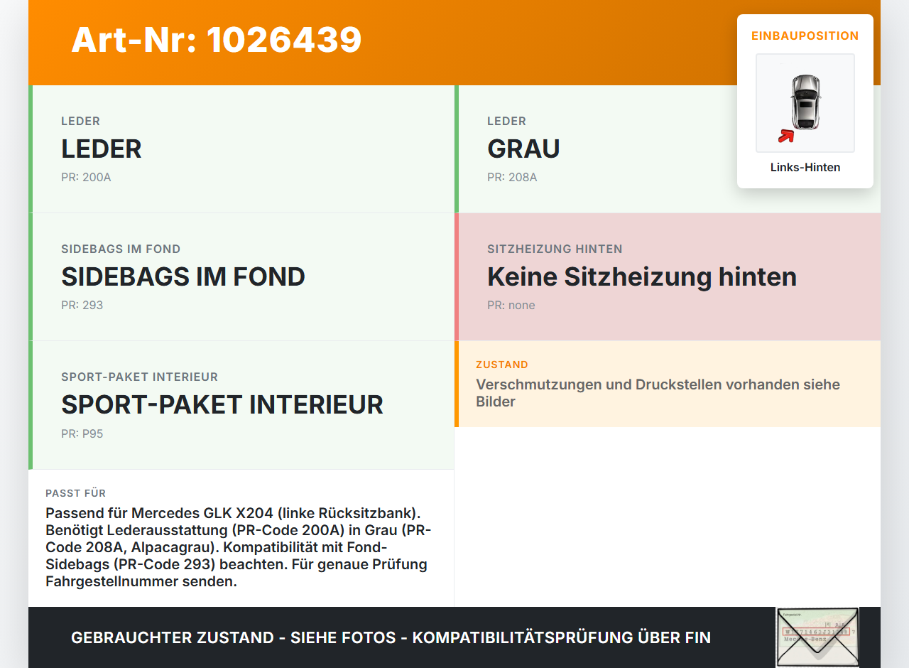 Mercedes GLK 300 X204 08-12 Sitzpolster Links f. Rücksitzbank Hinten Leder Alpacagrau Mercedes GLK 300 X204 08-12... Vorschau 3