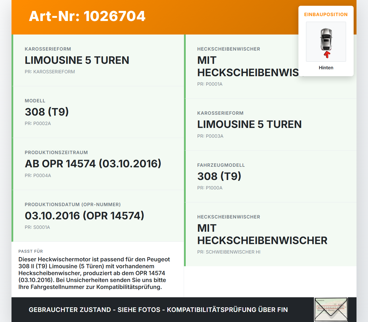 Peugeot 308 II 17-21 Lim Wischermotor Hinten Heckwischermotor Peugeot 308 II 17-21 06.04.2021 0390205110 9819523180... Vorschau 3
