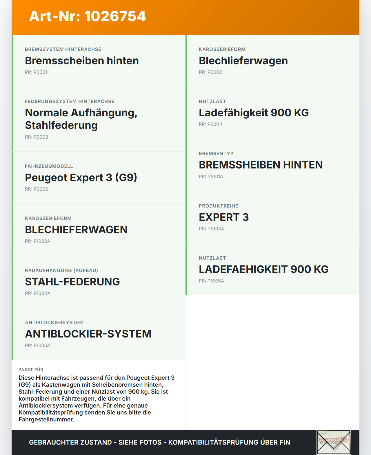 Peugeot Expert II 2 Kasten Hinterachse Achse für Scheibenbremse Peugeot Expert II 2 01.01.2013 5148V0 gebraucht Vorschau 3