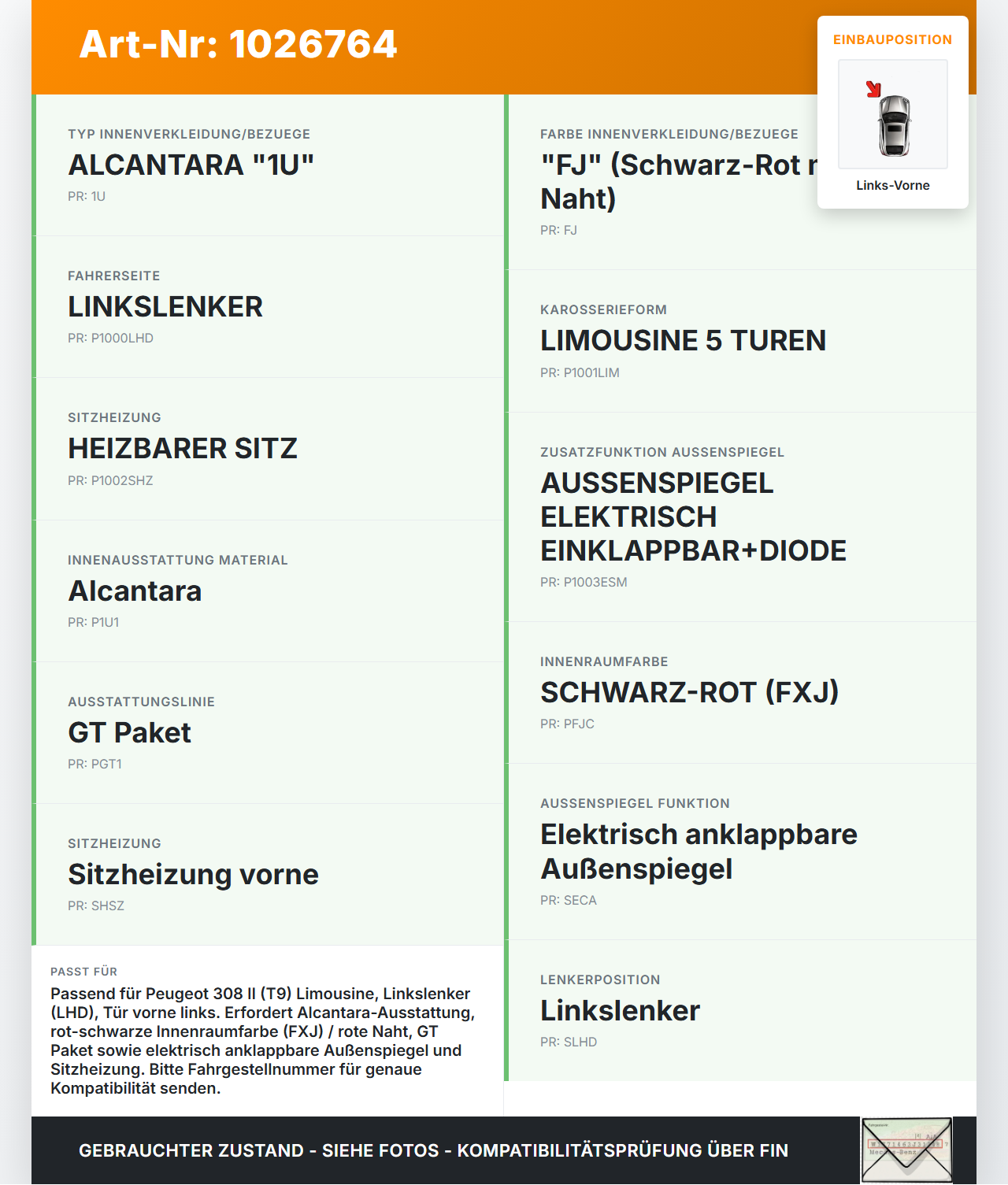 Peugeot 308 II 17-21 Lim Türverkleidung Türpappe Links Vorne rote Naht Peugeot 308 II 17-21 06.04.2021 98064022ZD... Vorschau 3