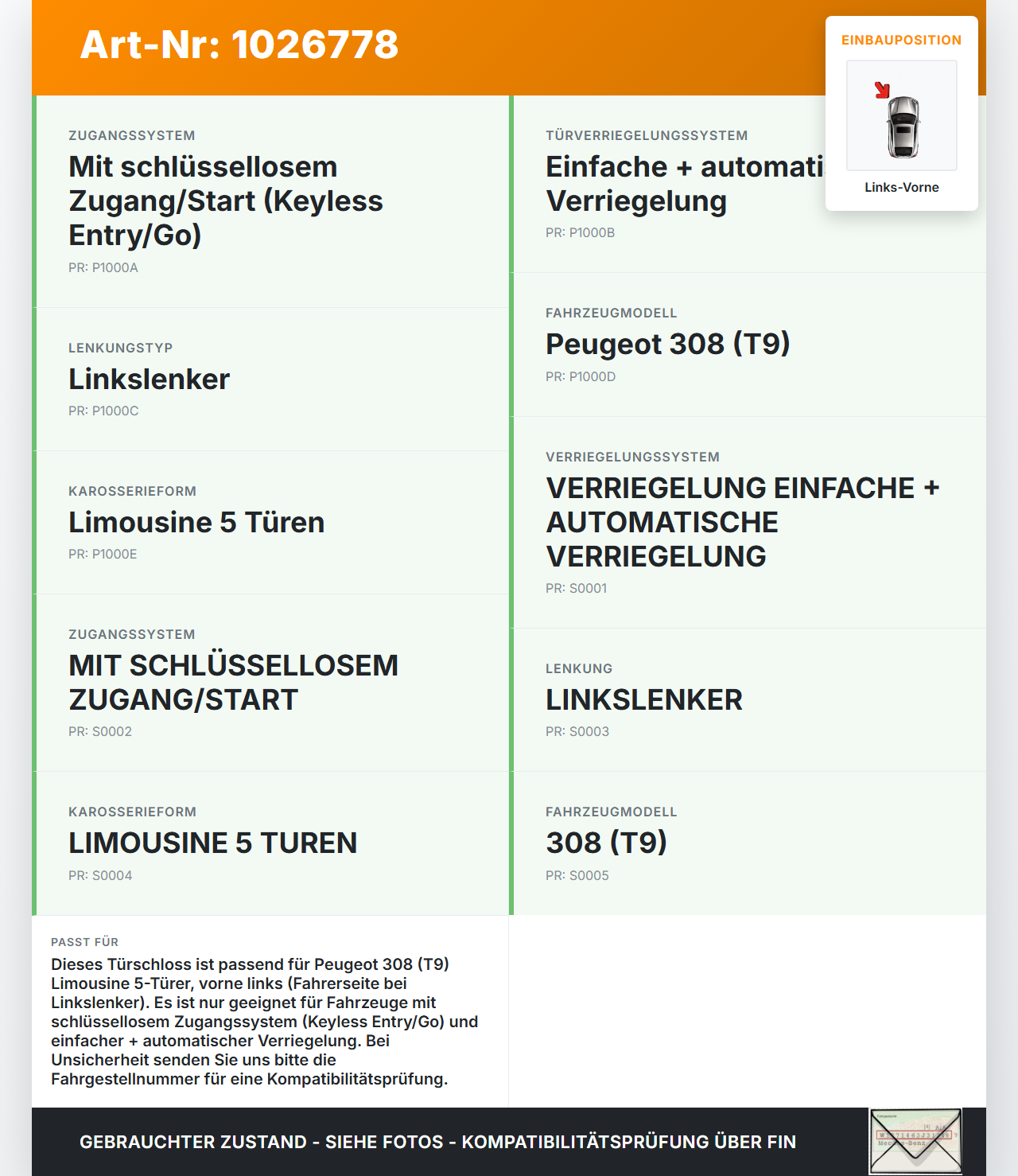 Peugeot 308 II 17-21 Lim Türschloss mit ZV Stellmotor Links Vorne Peugeot 308 II 17-21 06.04.2021 9810309480 gebraucht Vorschau 3