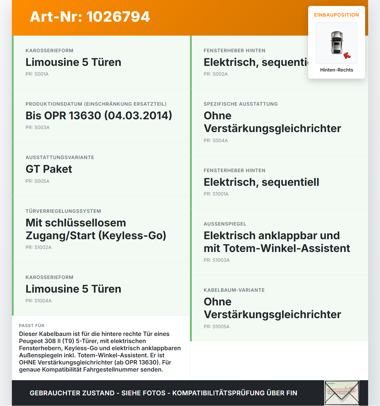 Peugeot 308 II 17-21 Lim Kabelbaum Leitungssatz für Tür und Fensterheber Hinten Rechts Peugeot 308 II 17-21... Vorschau 3