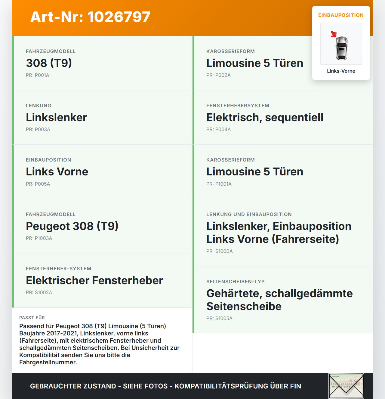 Peugeot 308 II 17-21 Lim Fensterhebermotor mit Fensterheber Links Vorne Peugeot 308 II 17-21 06.04.2021 E21426 gebraucht Vorschau 3