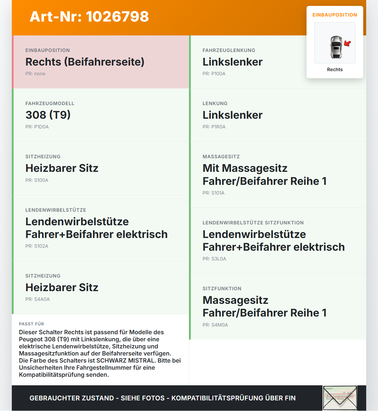 Peugeot 308 II 17-21 Schalter Rechts für Sitzverstellung Peugeot 308 II 17-21 06.04.2021 98028502ZD gebraucht Vorschau 3