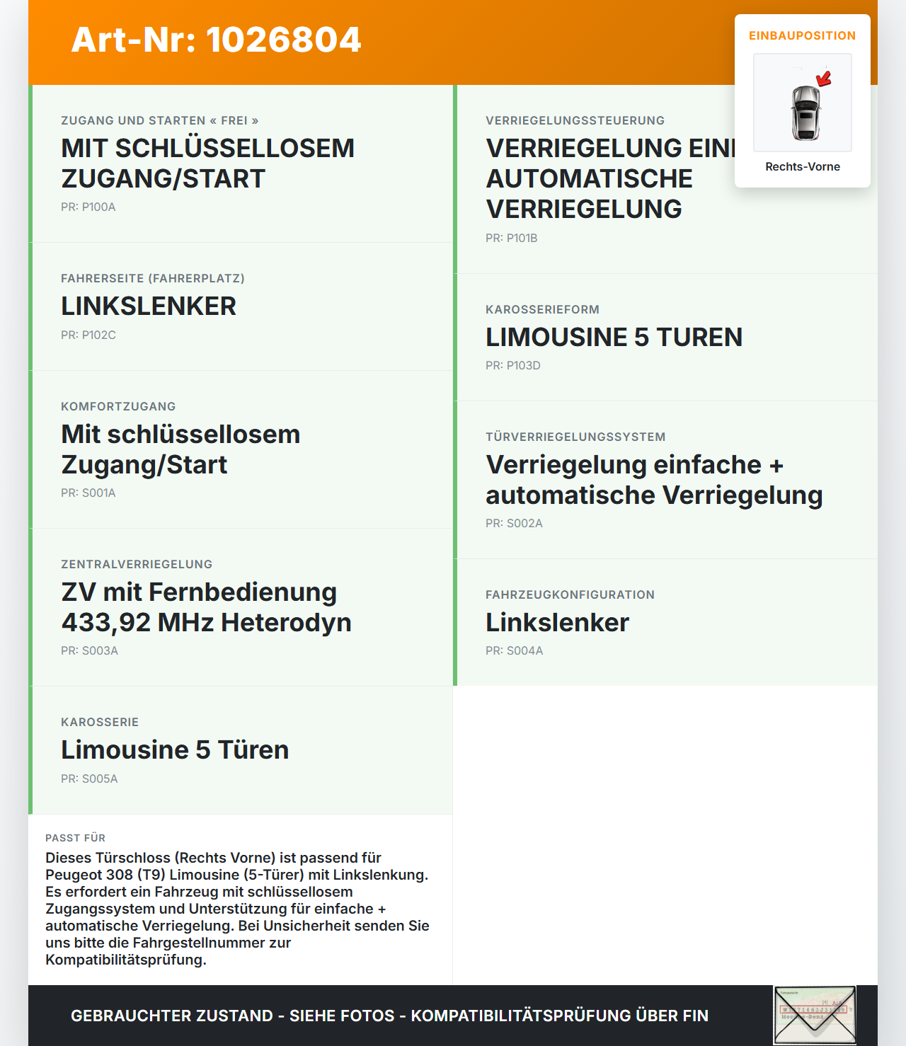 Peugeot 308 II 17-21 Lim Türschloss m. ZV Stellmotor Rechts Vorne Peugeot 308 II 17-21 06.04.2021 9810309380 gebraucht Vorschau 3